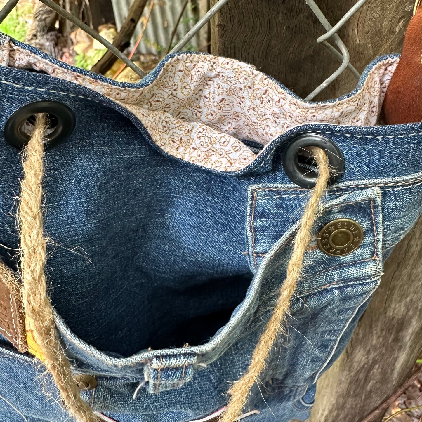 Somerset tote bag with adjustable strap - up-cycled Denim Hessian Leather  - Large