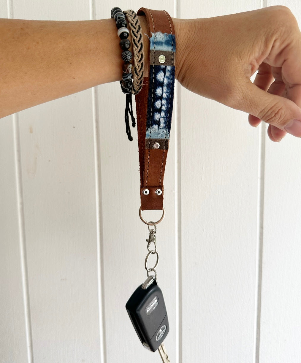 Recycled Leather & Fabrics Wristlet Strap / Key Fob