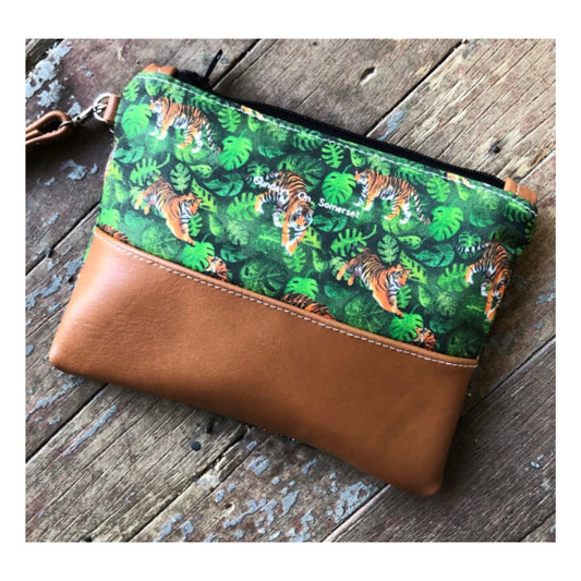 Tigers  & Leather - ( Small Wristlet Clutch * Genuine Leather)
