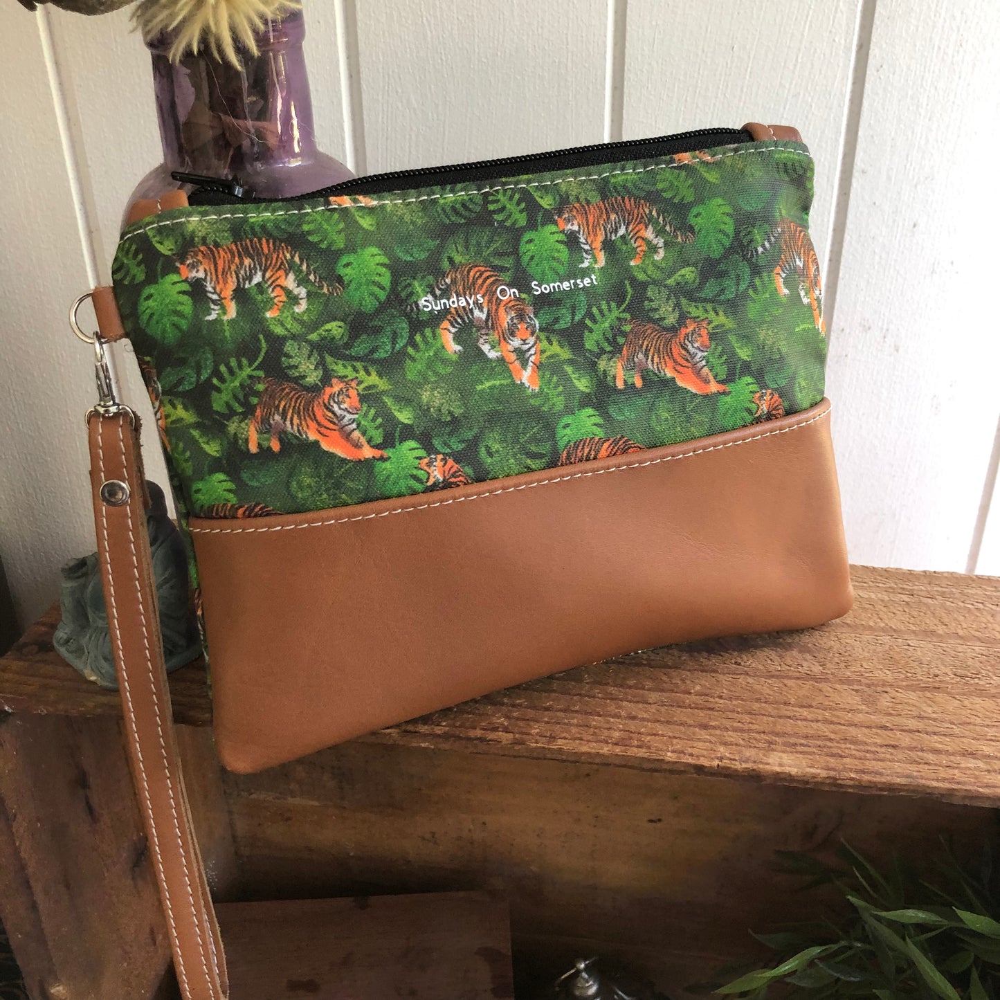 Tigers  & Leather - ( Small Wristlet Clutch * Genuine Leather)