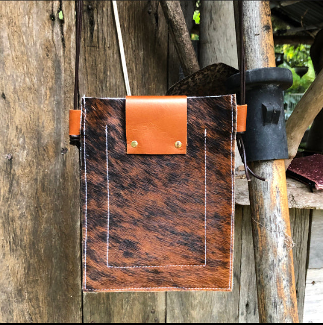 Cowhide & recycled brown leather cross body tote bag